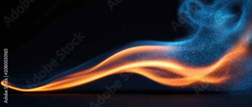 glowing orange flame ribbon and blue sparkling smoke on a dark background, flowing in a mesmerizing dynamic wave of light and energy
