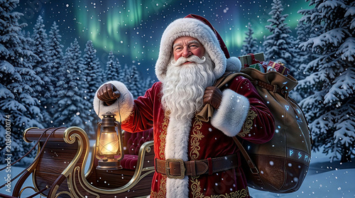 A portrait of Santa Claus standing in a magical winter wonderland at night.