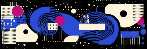 Energetic abstract geometric composition with bold blue ribbon waves, cream rounded shapes, magenta circles, concentric swirls, halftone grids and scattered dots on black background
