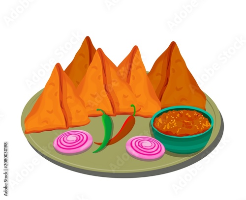  Indian snack samosa plate with chili and onion garnish illustration