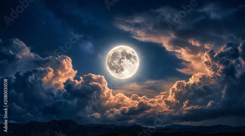 A serene nighttime landscape with a full moon shining through clouds