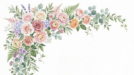 Soft Pastel Floral Arrangement, Romantic Rose Garland, Watercolor Botanical Border, Elegant Wedding Decor Elements isolated on White Background