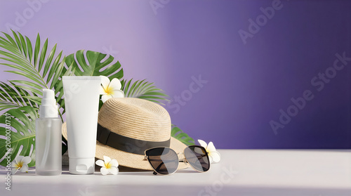 Summer skincare mockup with tropical foliage and accessories