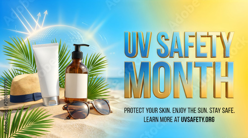 Uv safety month awareness sunscreen sunglasses and beach protection concept