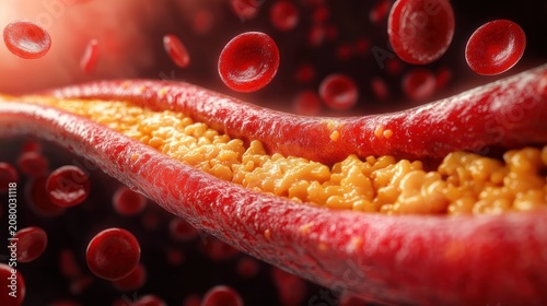 Close-up biomedical illustration of an artery narrowed by yellow fatty plaque with red blood cells flowing, conveying urgency and danger