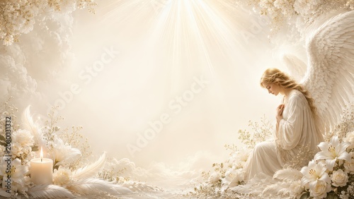 Serene Angelic Presence in Ethereal White Floral Surroundings