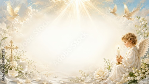 Angelic Child with Candle in Serene Heavenly Setting Background
