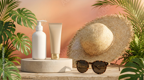 Summer skincare products mockup with tropical foliage and beach accessories