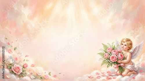 Sweet Angel Surrounded by Clouds and Flowers in Dreamy Background