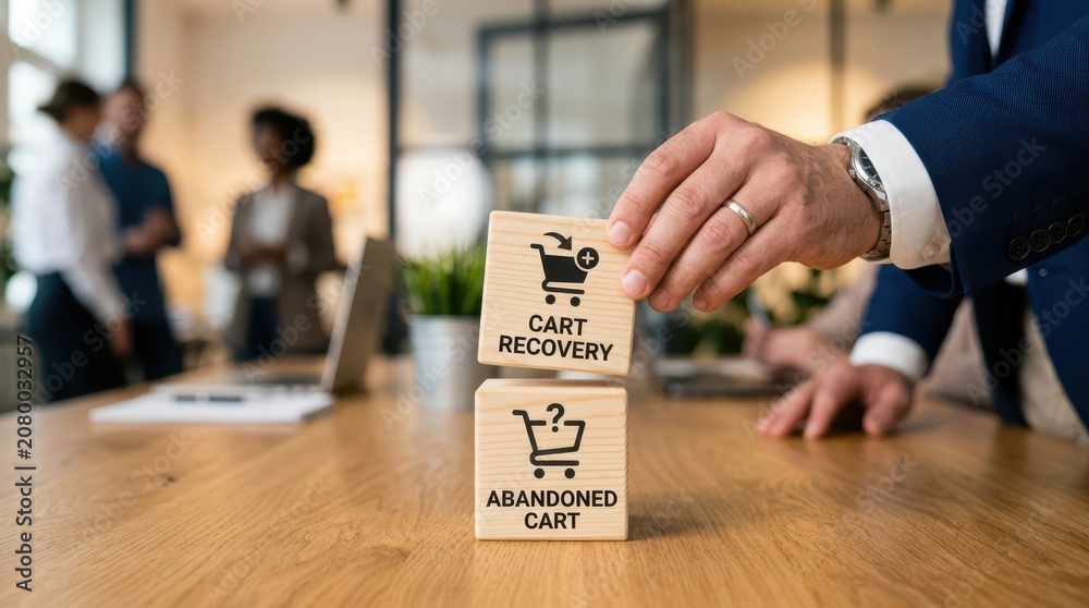 Fototapeta premium Businessman placing cart recovery block on top of abandoned cart block on wooden desk in office