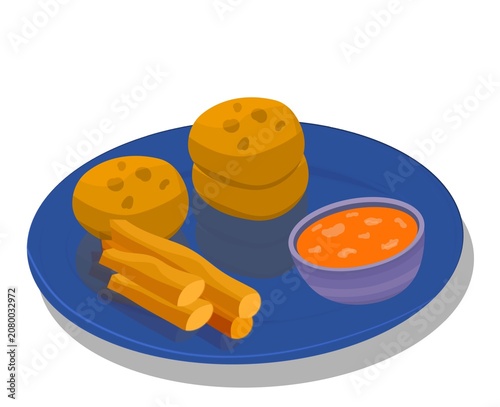 Cartoon plate of Indian food with snacks and dip illustration