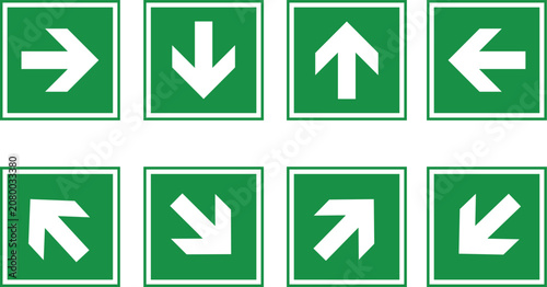 Tableau sur toile Green emergency exit direction sign set, safety assembly point symbol, escape help evacuation, straight pointer arrow