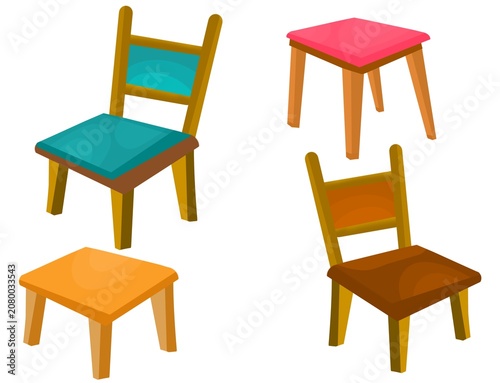  Cartoon wooden chairs and small tables set illustration