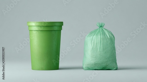 Green Trash Bin and Plastic Bag for Waste Disposal on a Soft Gray Background in Studio Setting