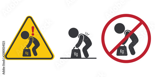 Fotografi Bundle set safety sign warning against lifting heavy loads alone to prevent back