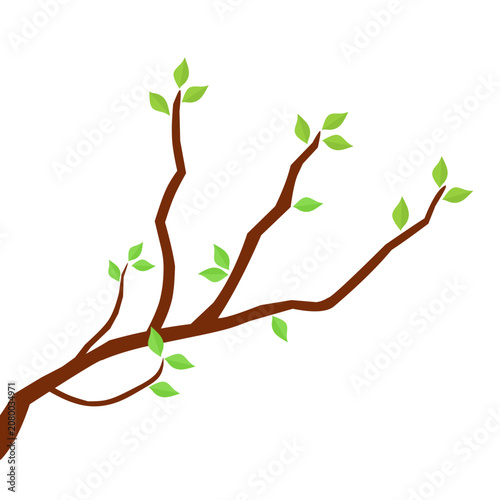 Vector illustration of a brown tree branch with green leaves on a white background. Ideal for nature themed stickers or posters.