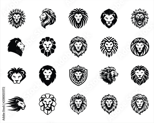 Fotografie Collection of black and white lion head vector icons isolated on white backgroun