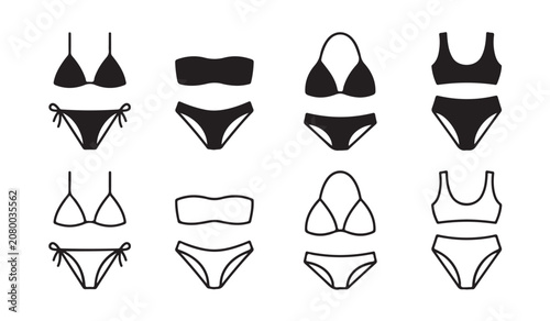 Fotografija Minimalist line art and solid glyph icons of women swimsuit and beachwear fashion
