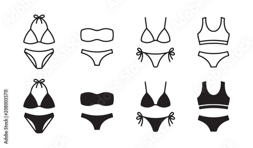 Slika na platnu Minimalist line art and solid glyph icons of women swimsuit and beachwear fashion