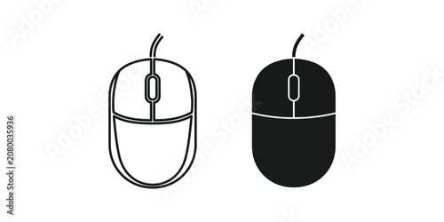 Wired computer mouse set featuring outline and solid black styles for desktop computing applications