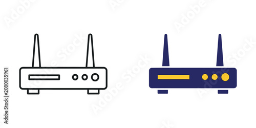 Wireless internet router set with dual antennas in outline and blue flat styles for network connectivity