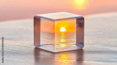 Transparent Cube Holding a Miniature Sunrise in a Serene Coastal Landscape