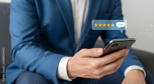Man in blue suit reviews rating on phone in office setting