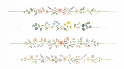 Delicate Floral Borders, Watercolor Flower Dividers, Botanical Accents for Elegant Stationery and Invitations, Soft Pastel Garden Elements isolated on White Background