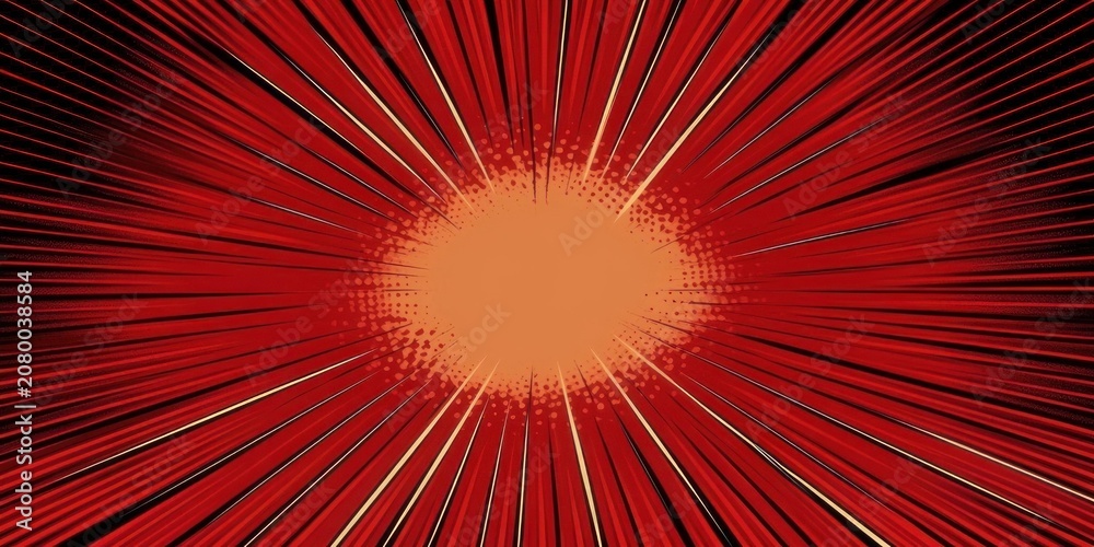 Obraz premium comic style red radial burst with orange halftone center and dynamic black and gold rays conveying explosive energy and intensity