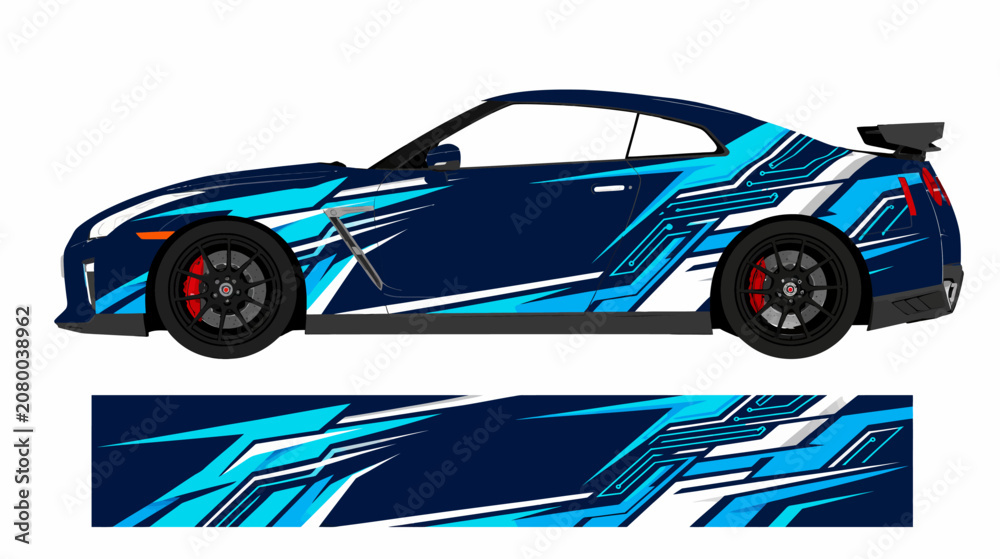 Obraz premium Blue geometric racing car vinyl wrap design.