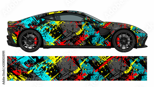 Colorful urban graffiti splatter car wrap design.