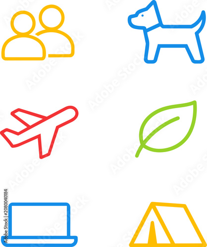 Set of 6 colorful thick outline icons with rounded corners. Includes people team, dog pet, airplane travel, leaf eco, laptop tech and tent camping icons.