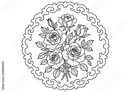 Beautiful bouquet of roses in a decorative round frame, coloring page