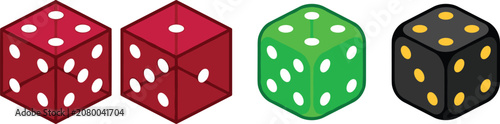 Colorful casino dice vector set with translucent red green and black 3d rolling cubes for gambling board games and luck concept illustrations