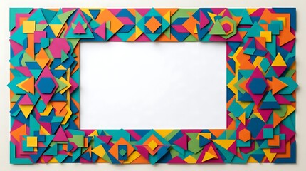 Vibrant colorful geometric patterned frame with abstract shapes and bold colors on white background