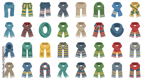 Winter scarf vector illustration set of colorful knitted woolen scarves