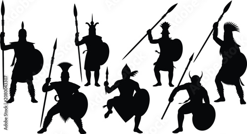 Obraz na plátně Ancient warrior silhouettes holding spears and shields with helmets, battle stan