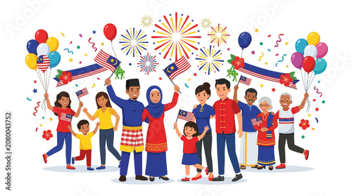 Happy Birthday Party Celebration with Diverse Group of Children and People Holding Balloons, Teamwork, Friendship, Community and Togetherness Cartoon Illustration