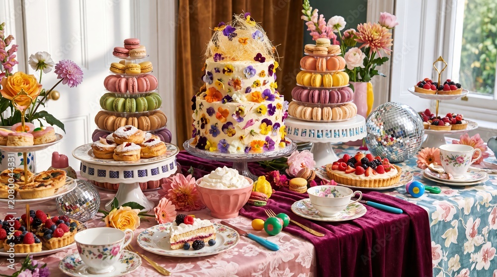 Fototapeta premium Colorful maximalist dessert table with floral cake, macarons, tea cups, and berries by window