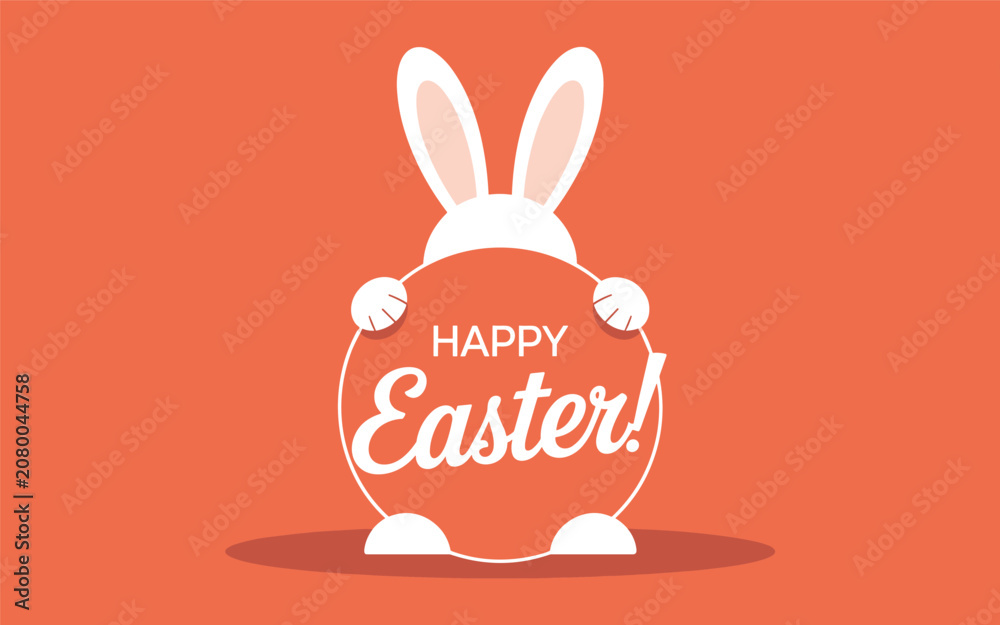 Obraz premium A white Easter bunny holds a sign with 'HAPPY Easter!' in a vibrant orange scene.