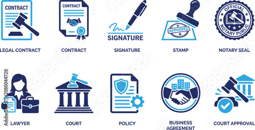 Photos legal contract signature stamp notary seal lawyer court policy business agreement court approval vector icon set