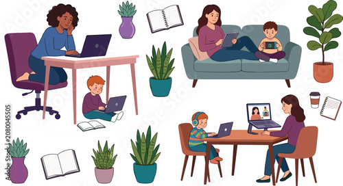 Bild auf Leinwand Freelance mother working from home vector illustration set with children e-learn