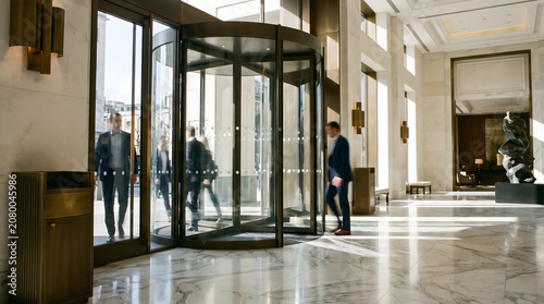 Business people walking through a modern revolving door in a corporate building lobby, motion blur