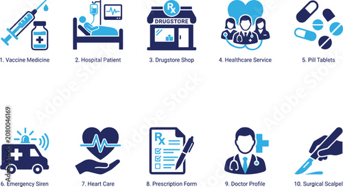 Fotografie Medical and healthcare icons showing vaccine medicine hospital patient drugstore healthcare service