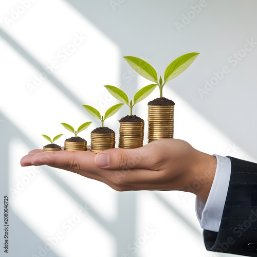 Hand Holding Coins with Growing Plants for Sustainable Investment Concept