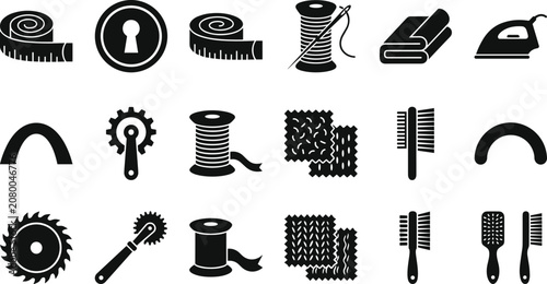 Cuadro en lienzo Tailoring and sewing equipment black silhouette icon set featuring measuring tap
