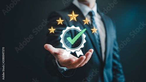 Businessman Presenting Green Checkmark with Star Rating for Quality Assurance Concept