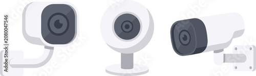Three types of security cameras illustrated in minimalist style for surveillance and monitoring design