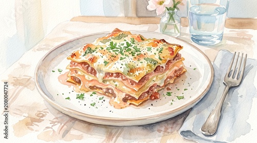 Watercolor Painting of Lasagna Slice on Dinner Plate