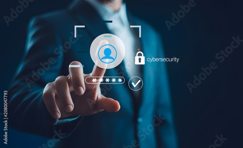 Businessman Interacting with Virtual Cybersecurity Interface Using Finger